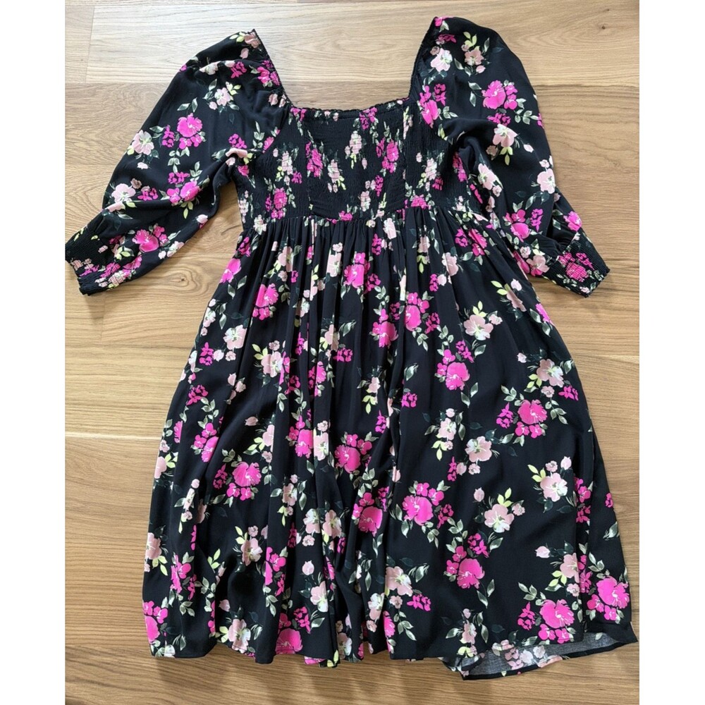 NWT Torrid Black Pink Floral Smock Midi Dress 2 Milkmaid Peasant Puff 3/4 Sleeve - Picture 6 of 16
